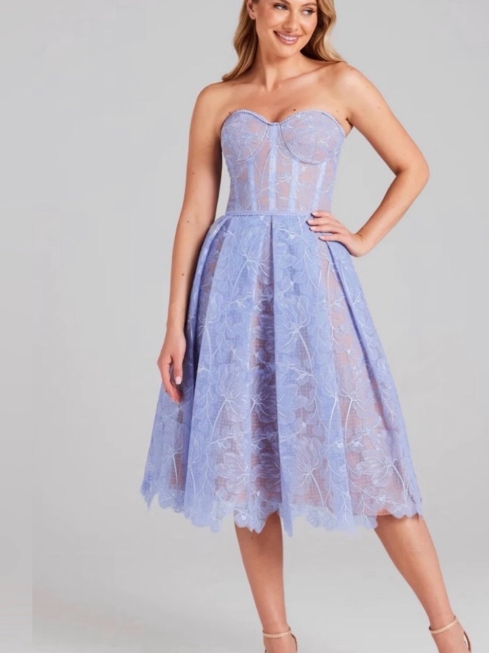 NADINE MERABI Strapless Lavender Lace Midi Dress